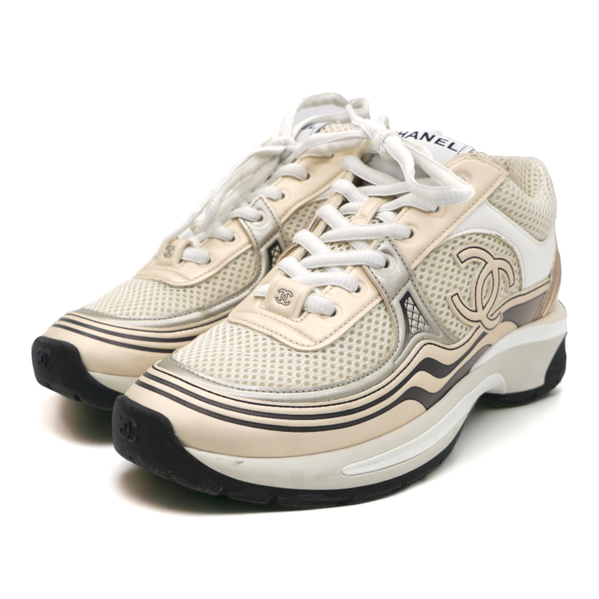 Chanel Laminated Leather and Fabric CC Low Top Ivory White Silver