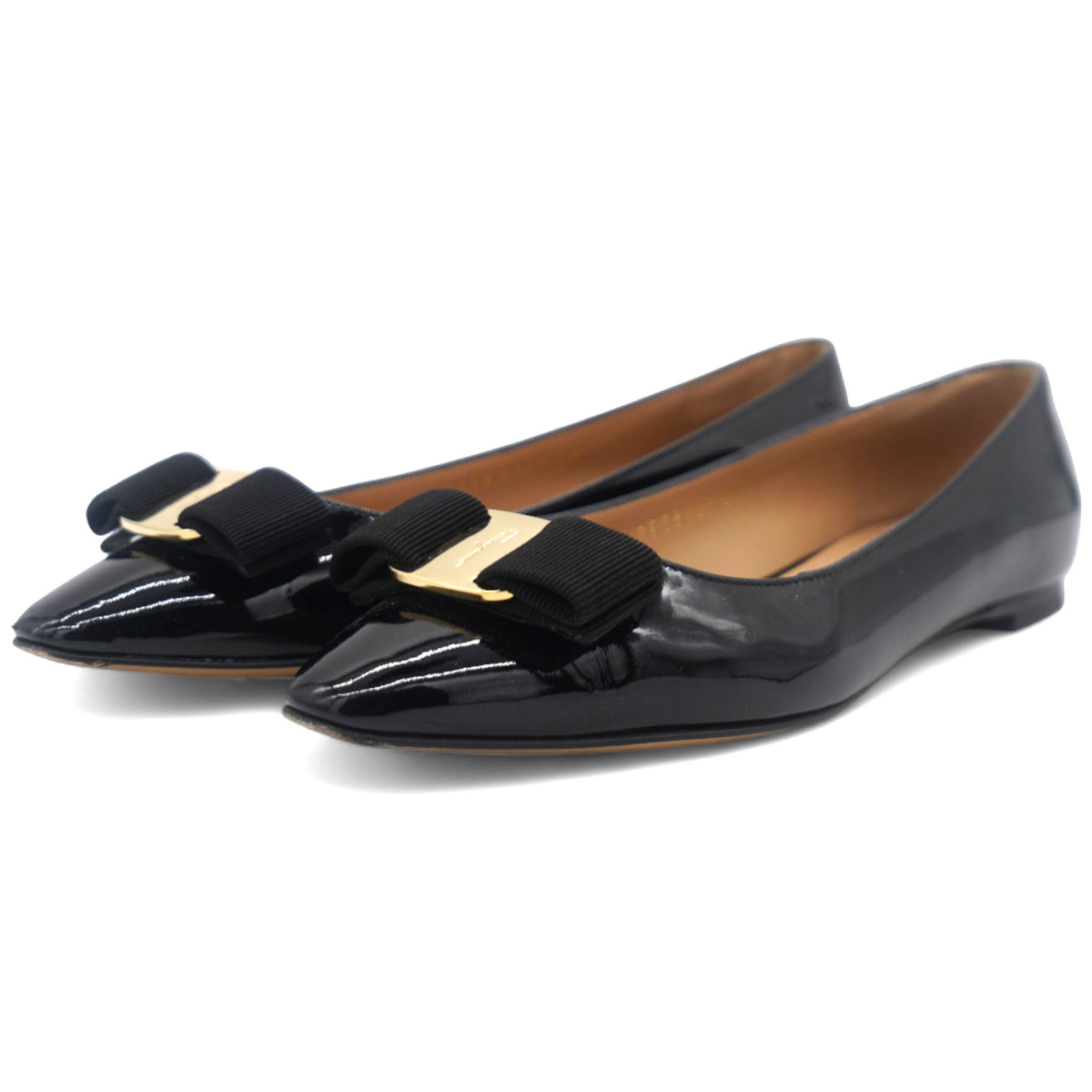 SALVATORE FERRAGAMO Varina Ballet Flats Womens Blac Patent Leather Bow Size 36.5 STYLISHTOP