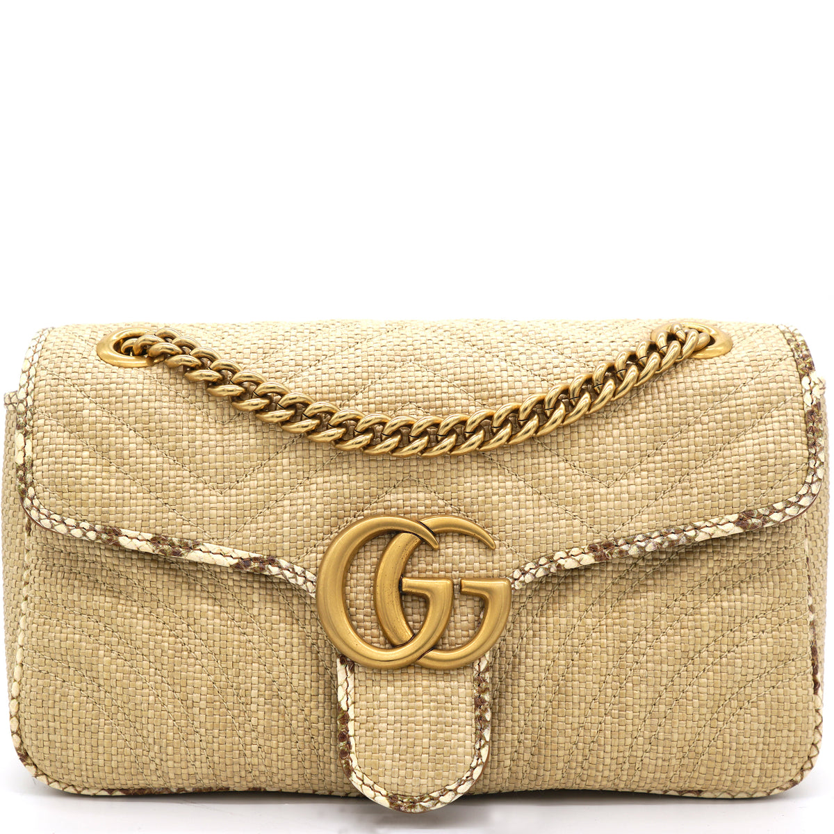 Gucci Raffia Snakeskin Trimmed Matelasse Small GG Marmont Shoulder