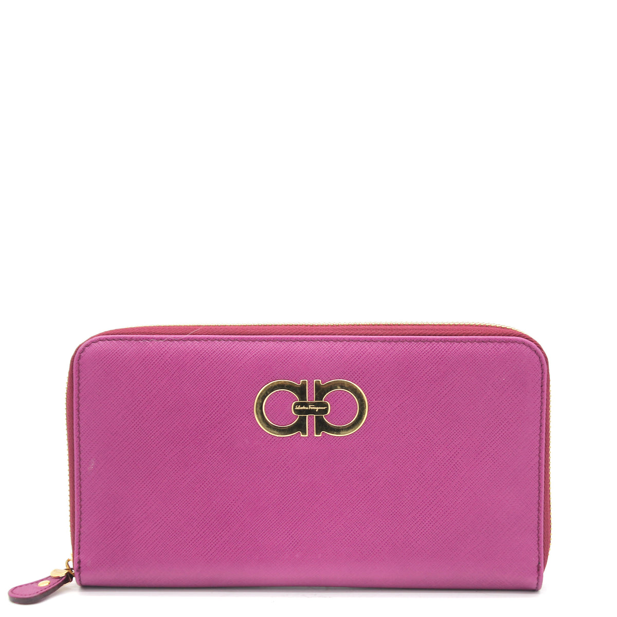 Ferragamo Pink Leather Double Gancio Zip Around Wallet STYLISHTOP