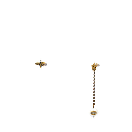 Aged Gold Metal Pearl Bee Star CD Drop Chain Earrings