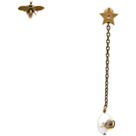 Aged Gold Metal Pearl Bee Star CD Drop Chain Earrings