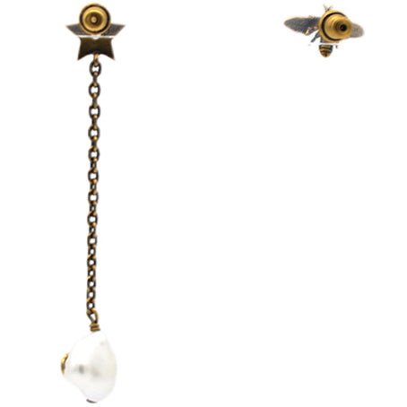 Aged Gold Metal Pearl Bee Star CD Drop Chain Earrings