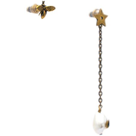 Aged Gold Metal Pearl Bee Star CD Drop Chain Earrings