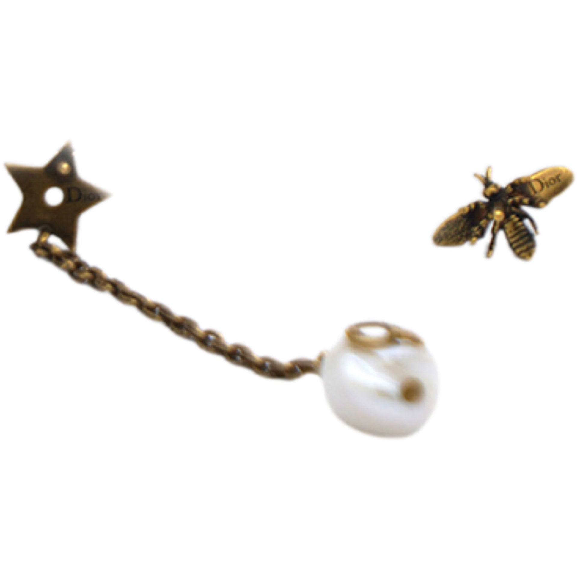 Aged Gold Metal Pearl Bee Star CD Drop Chain Earrings