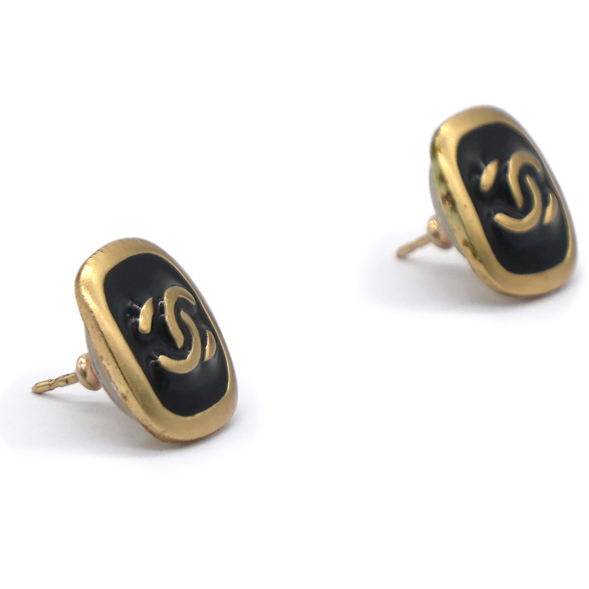 Vintage CC Gold Logo Black Enamel Square Earrings