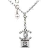 Pearl Rhinestone CC Logo Square Pendant Silver Pendant Necklace