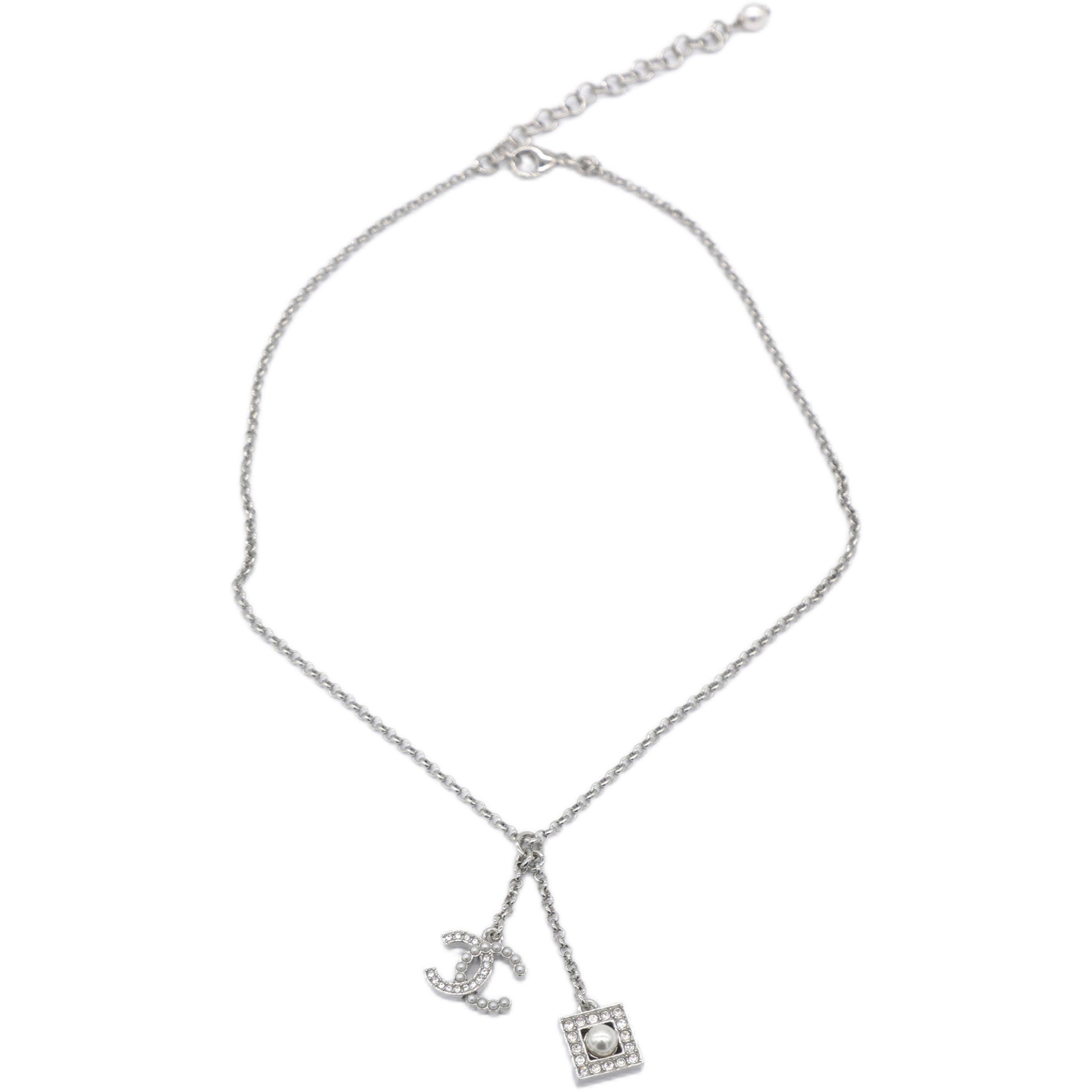 Pearl Rhinestone CC Logo Square Pendant Silver Pendant Necklace