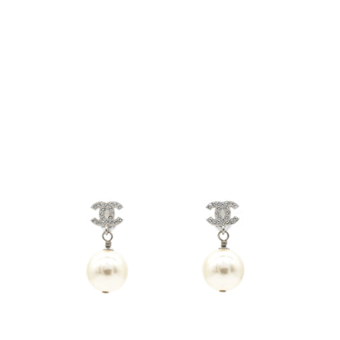 CC Drop Earrings Crystal Pearl Silver