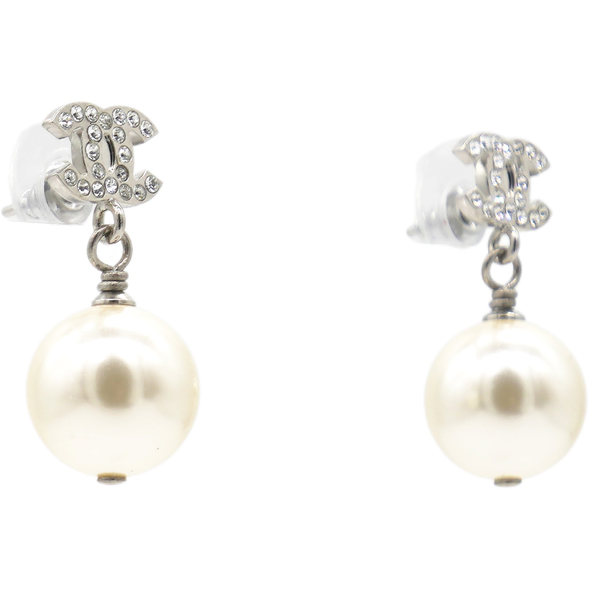 CC Drop Earrings Crystal Pearl Silver