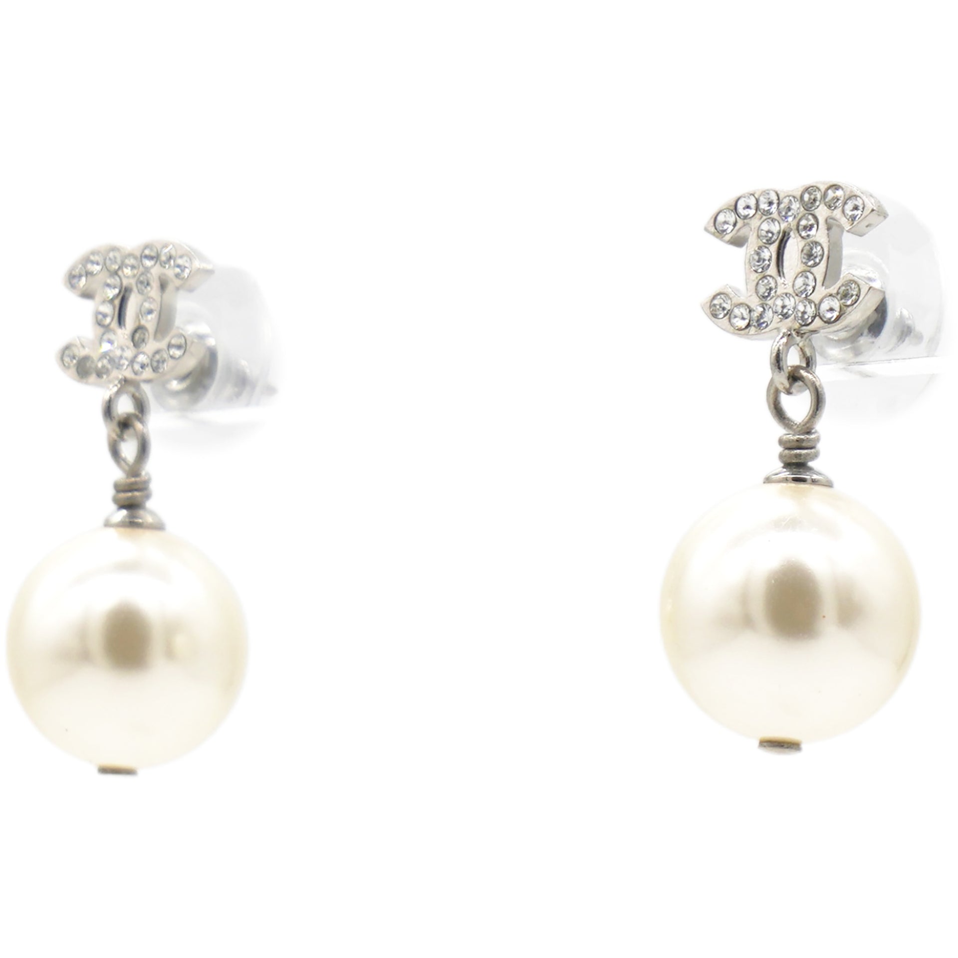 CC Drop Earrings Crystal Pearl Silver