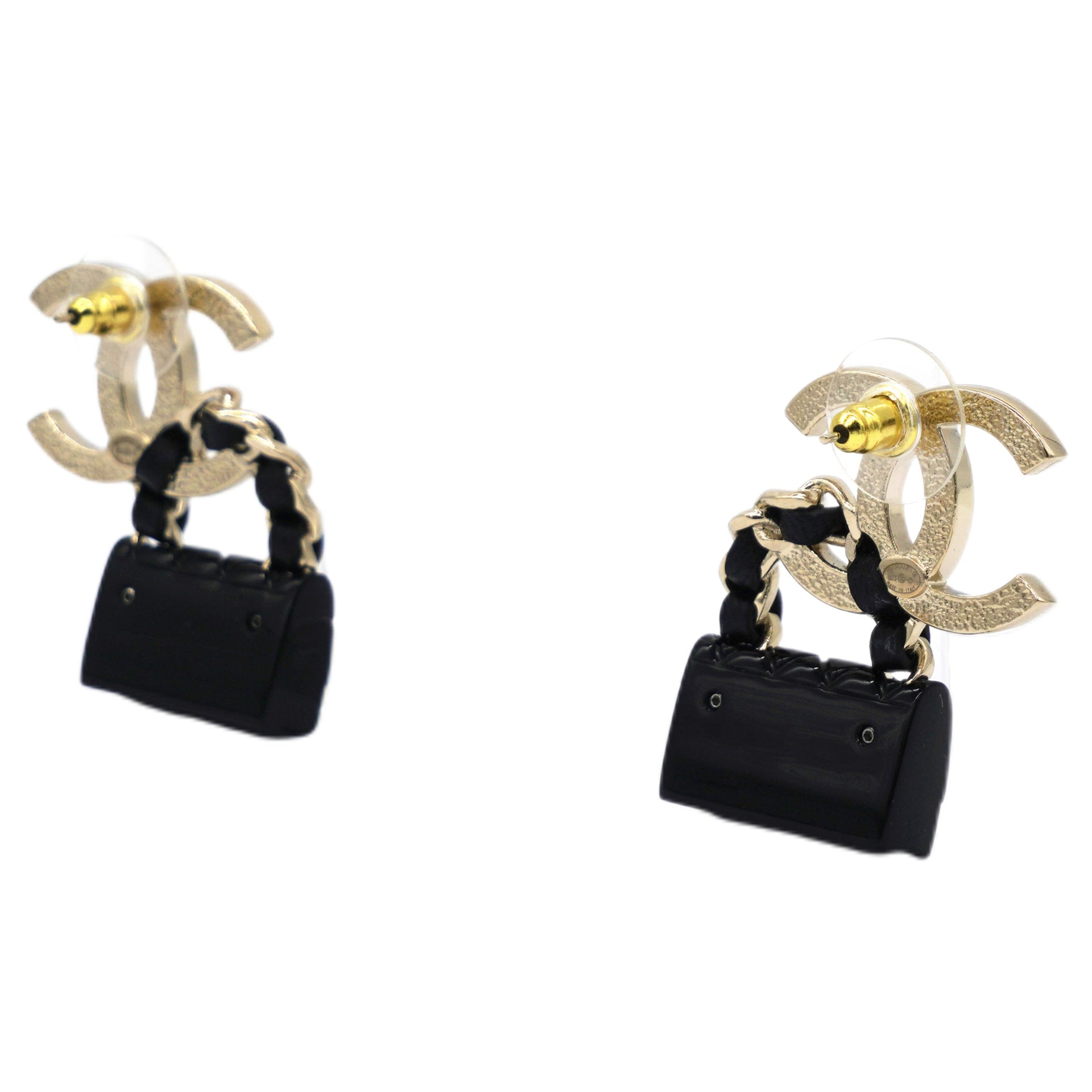 Metal Resin Lambskin Quilted CC Turnlock Chain Flap Bag Earrings Black Gold