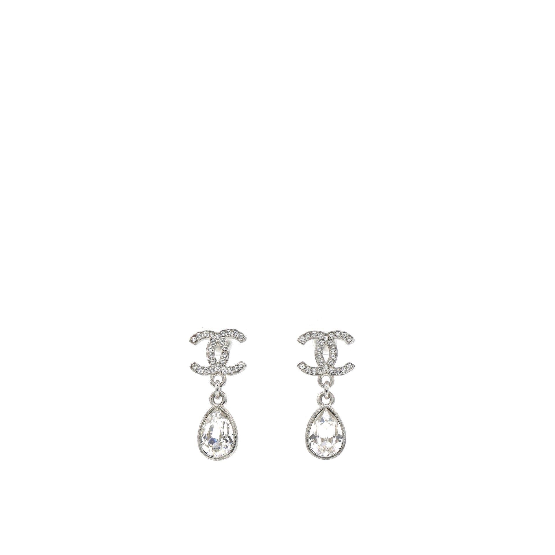 Silver Metal and Crystal CC Teardrop Earrings