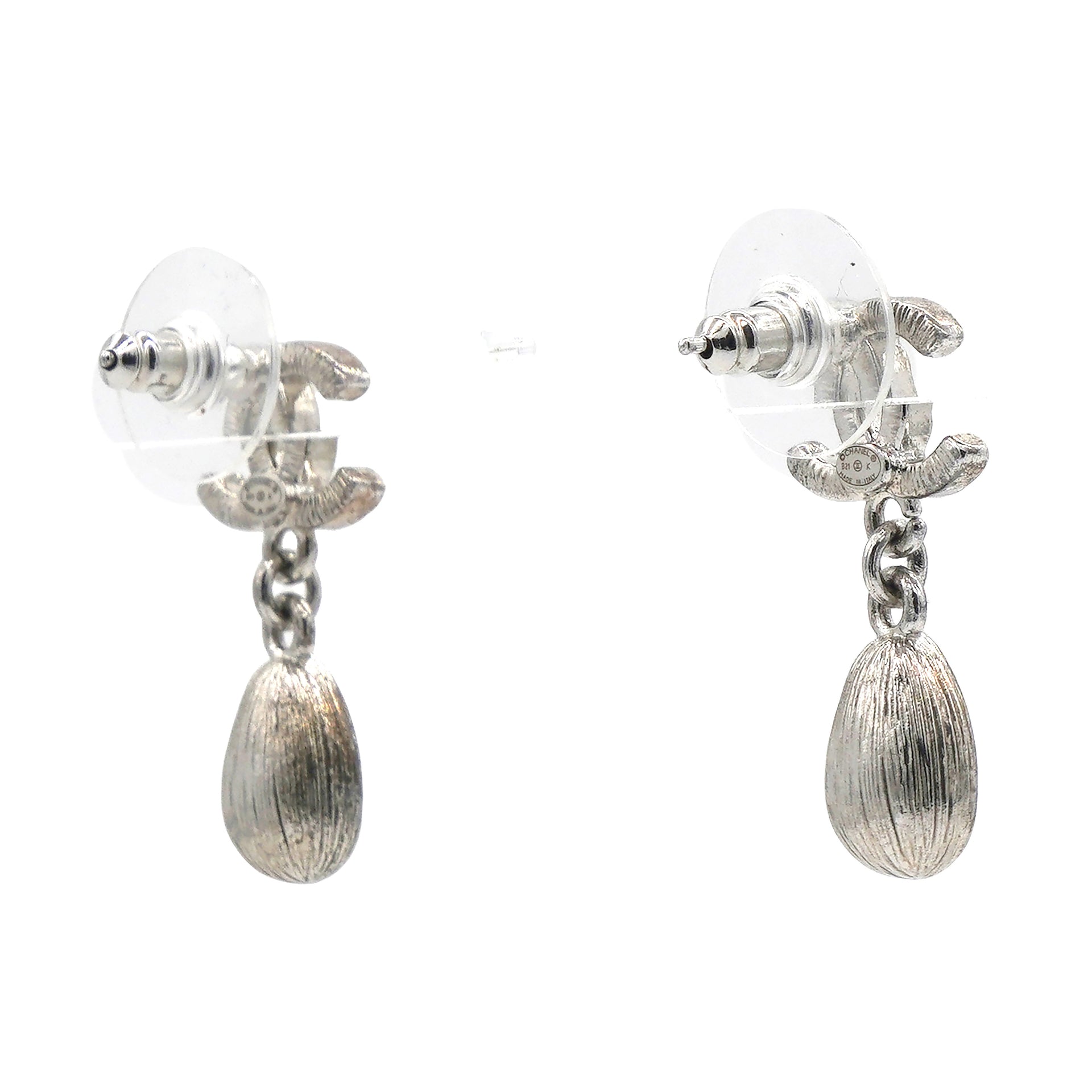 Silver Metal and Crystal CC Teardrop Earrings