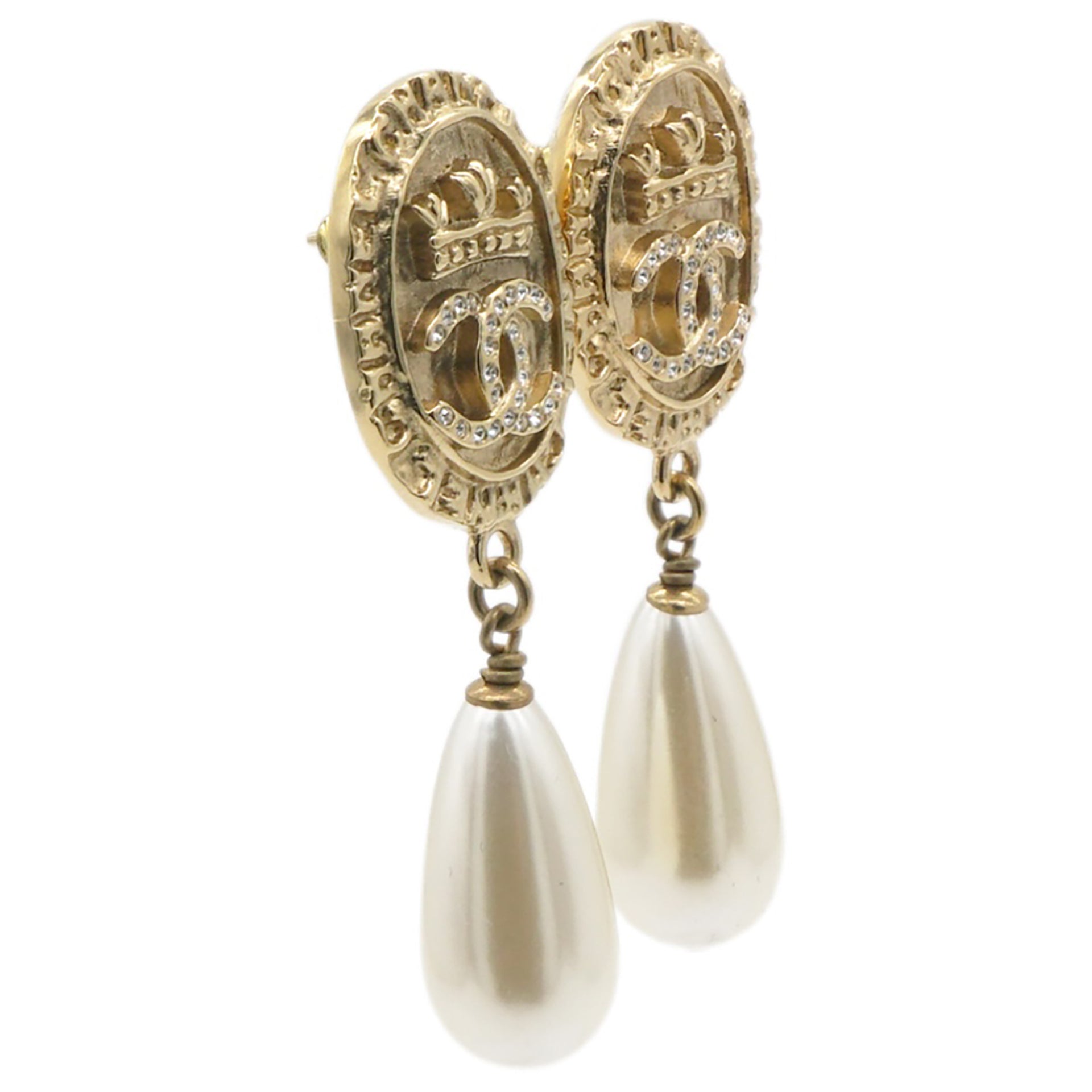 Crystal Pearl Crown CC Drop Earrings Gold