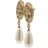 Crystal Pearl Crown CC Drop Earrings Gold