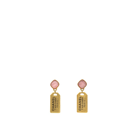 Pink Stone Badget CC Tags Drop Earrings Gold