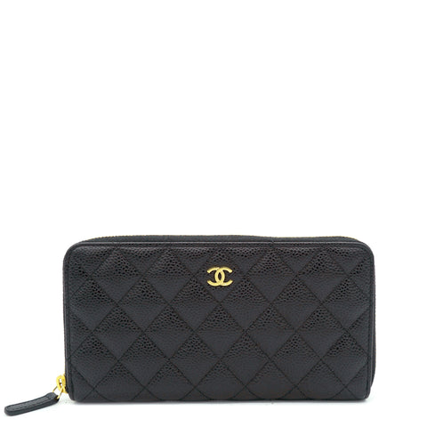 Black Caviar Leather Quilted Zip Around Long Wallet