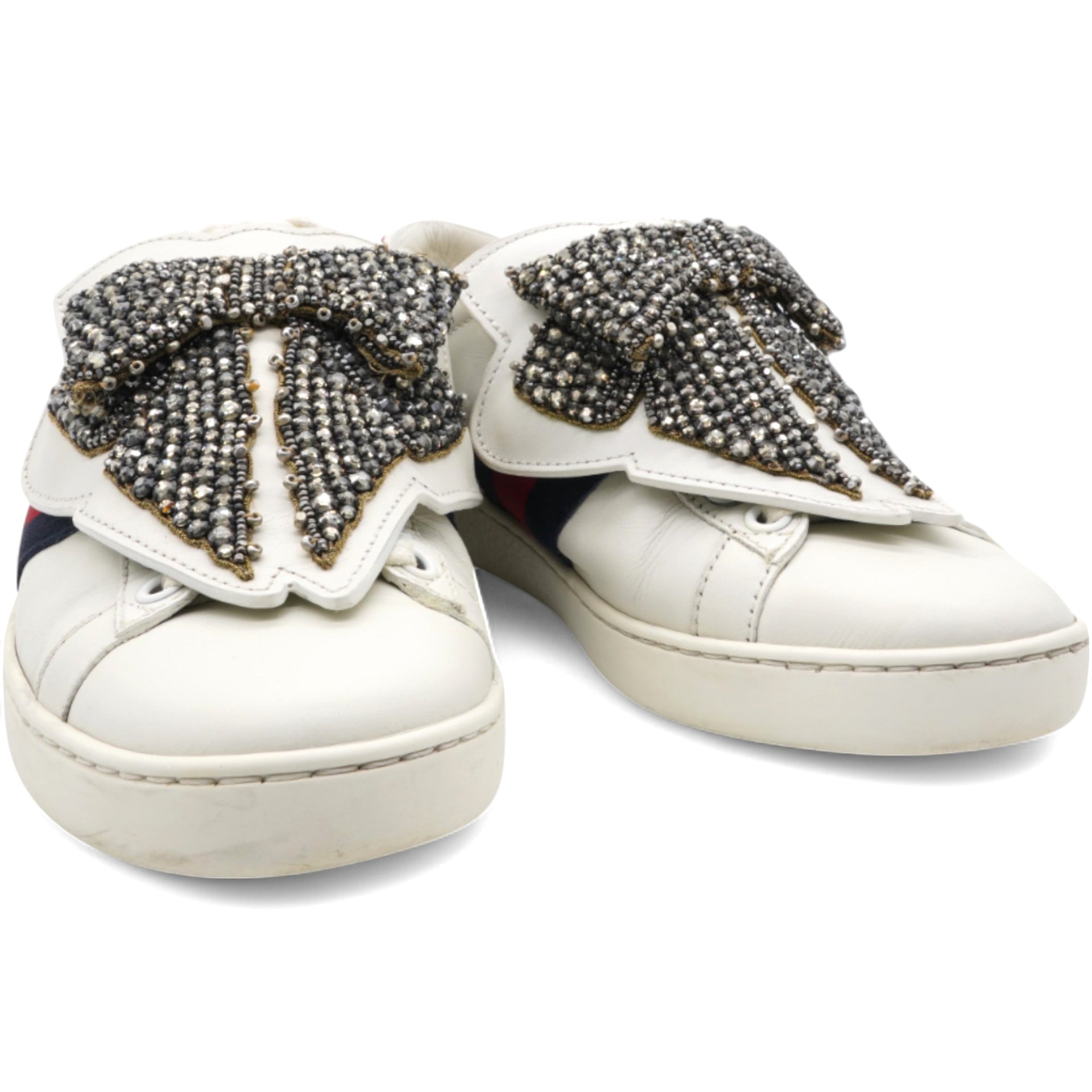 White Leather Ace Beaded Bow Low Top Sneakers Size34