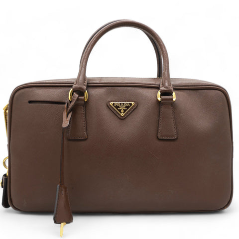 Brown Saffiano Lux Leather Bauletto Bag