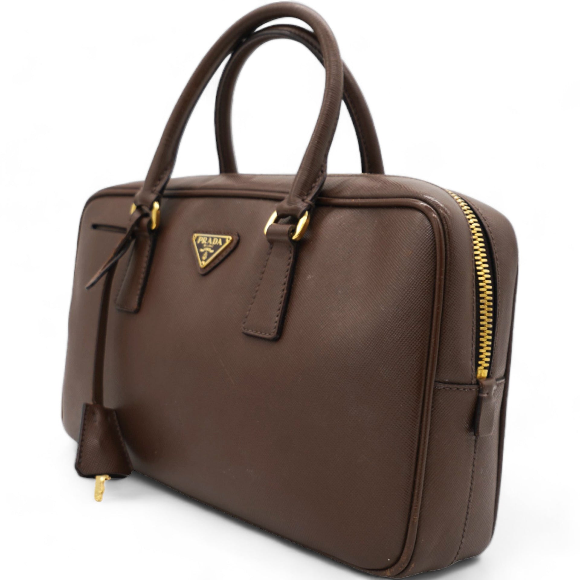 Brown Saffiano Lux Leather Bauletto Bag