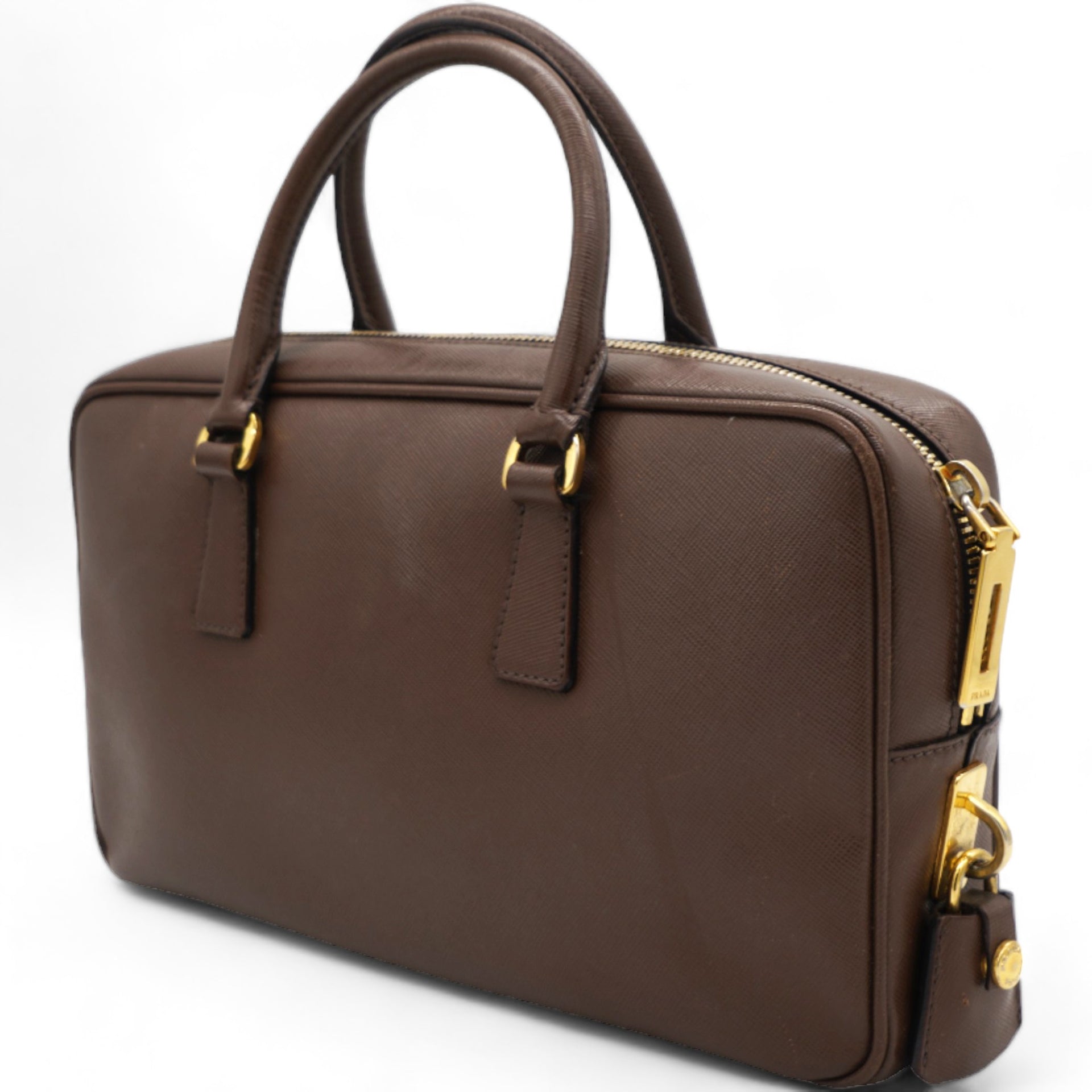 Brown Saffiano Lux Leather Bauletto Bag