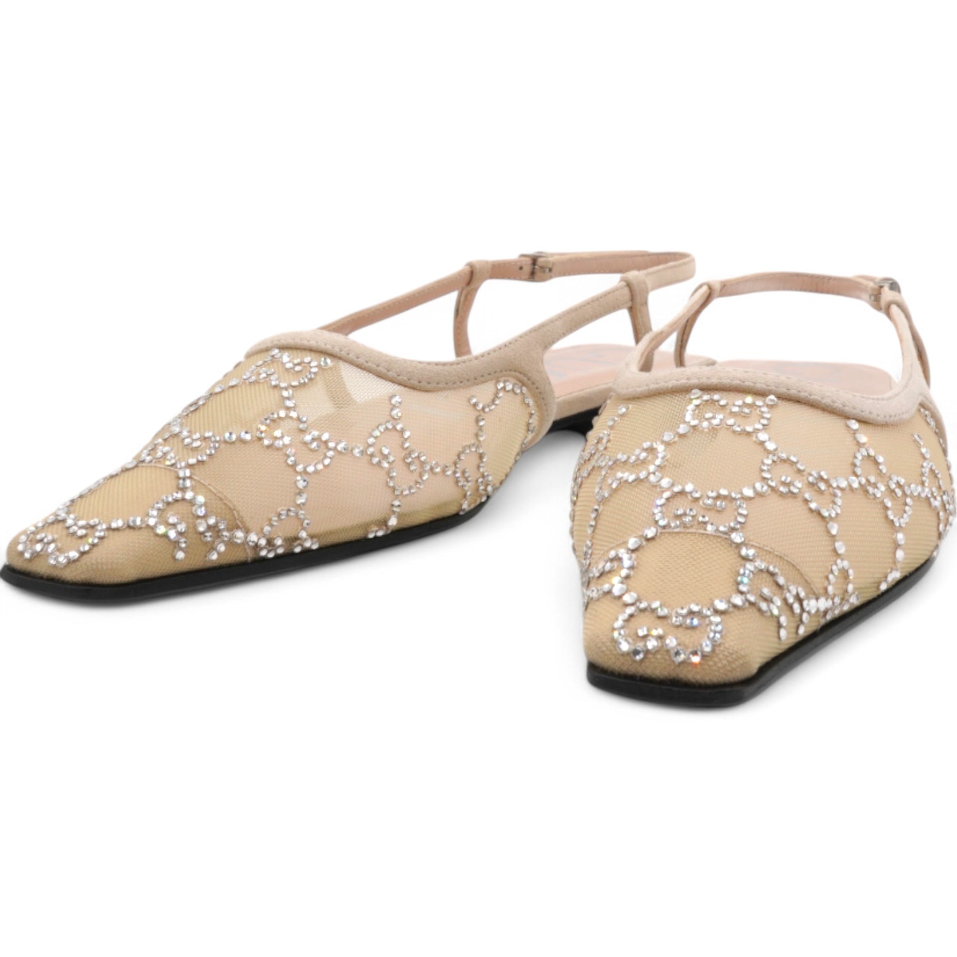 Suede Mesh Crystal GG Monogram Slingback Ballet Flats Light Powder Skin Rose Size36