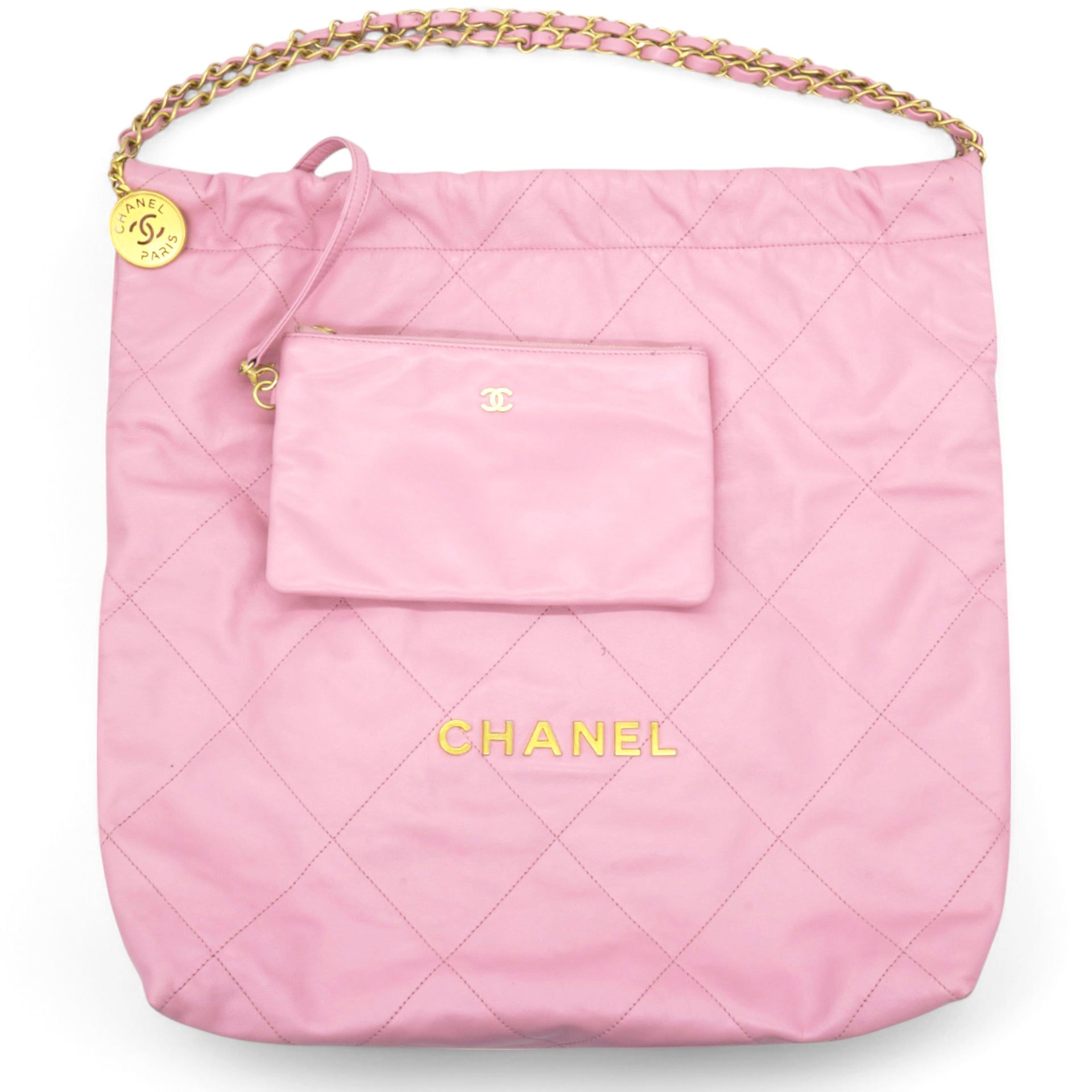 Shiny Quilted Chanel 22 Drawstring Bag Pink Large