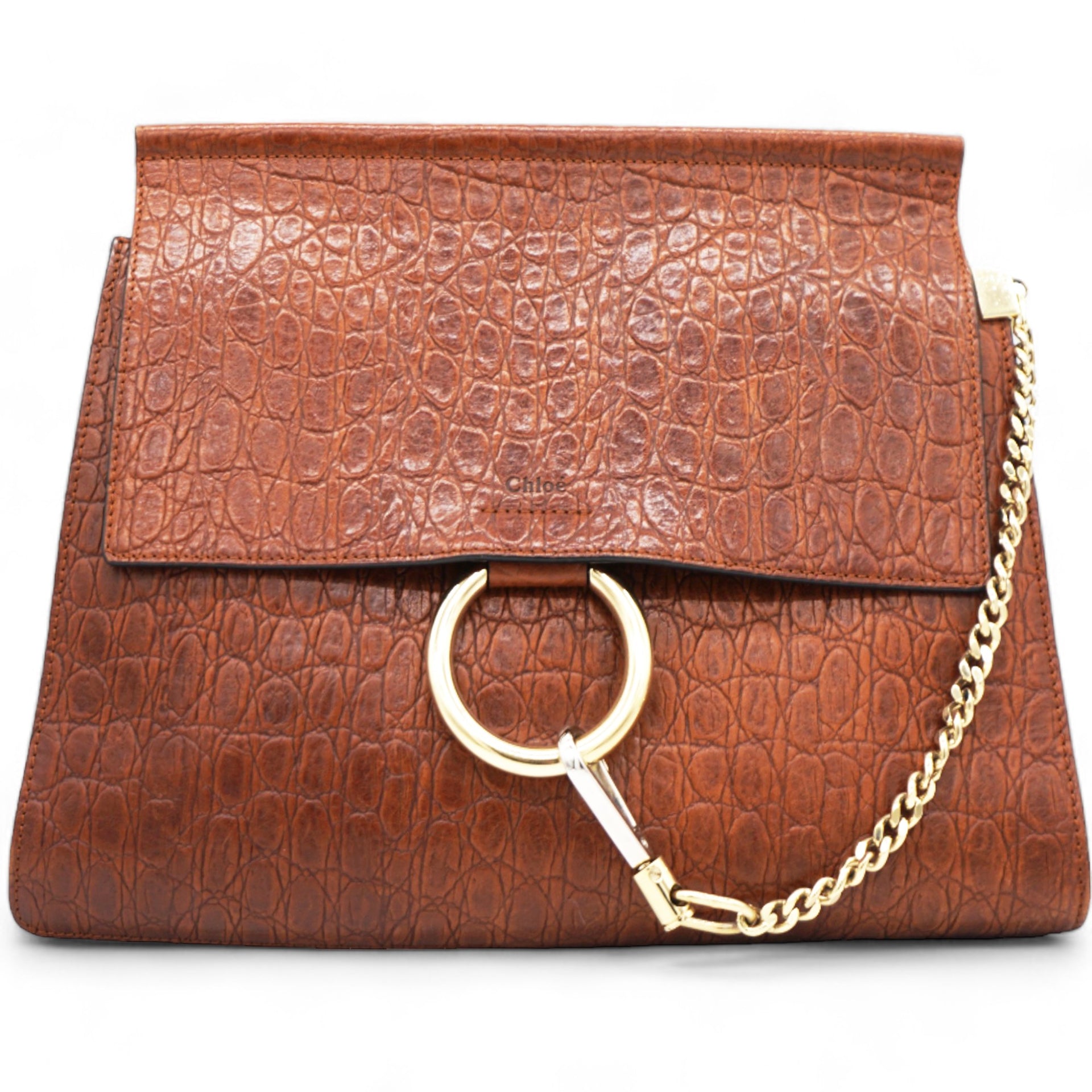 Calfskin Crocodile Embossed Medium Faye Shoulder Bag Mahogany