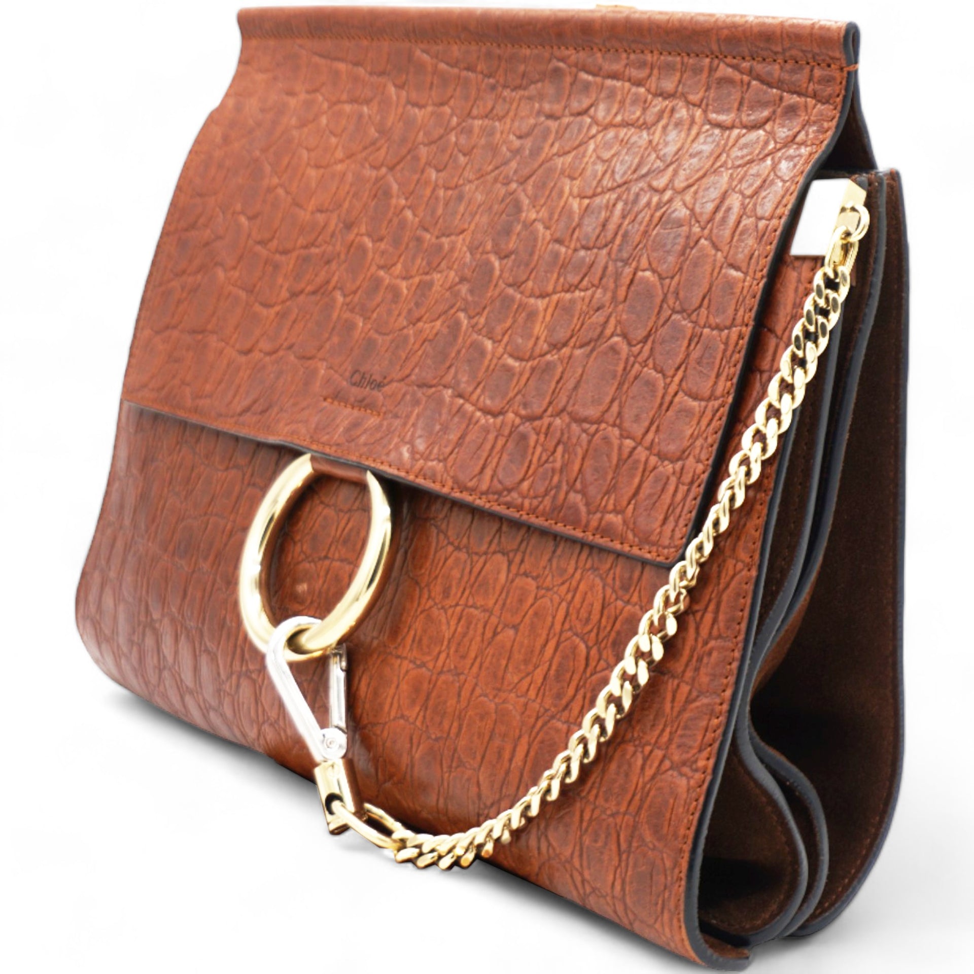 Calfskin Crocodile Embossed Medium Faye Shoulder Bag Mahogany