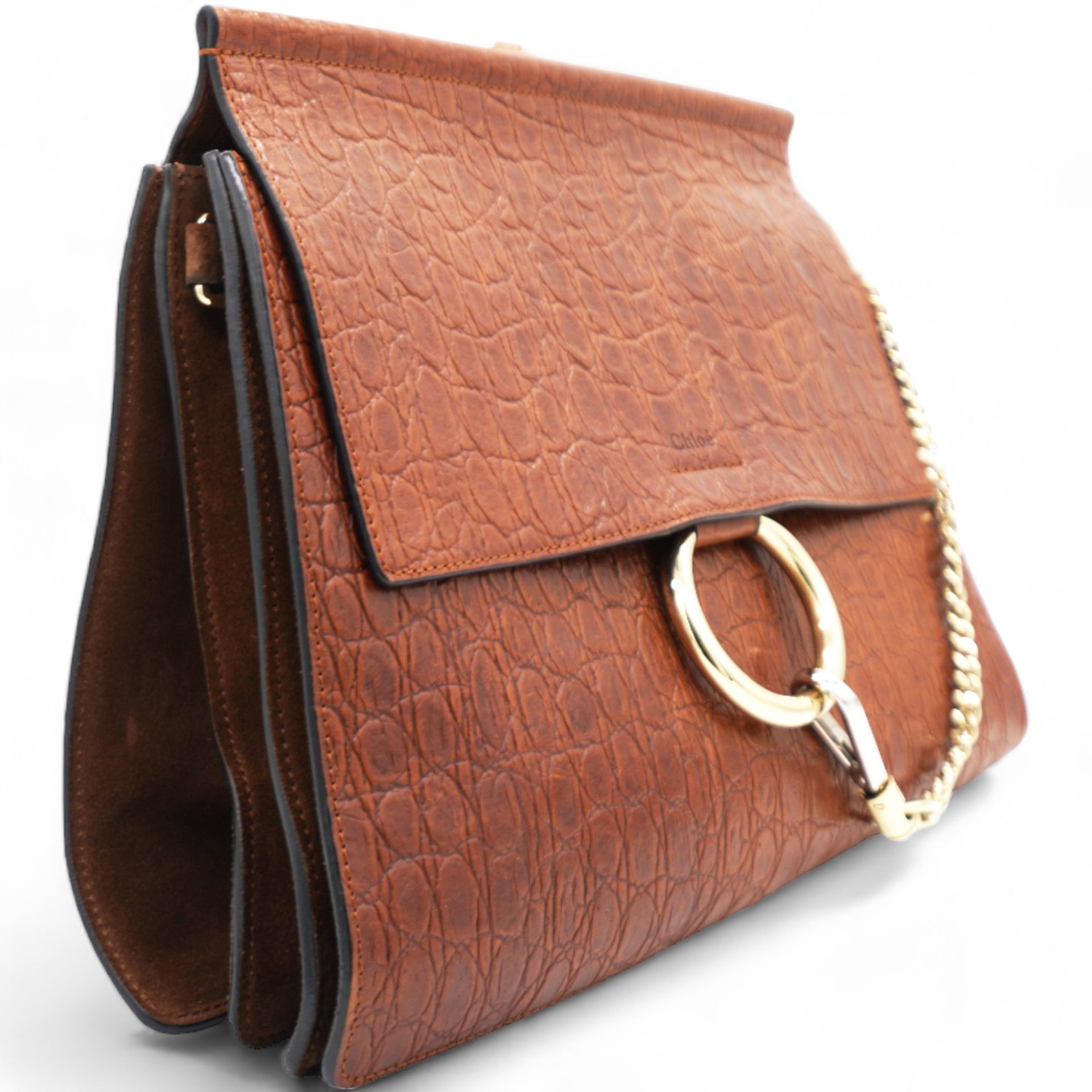 Calfskin Crocodile Embossed Medium Faye Shoulder Bag Mahogany