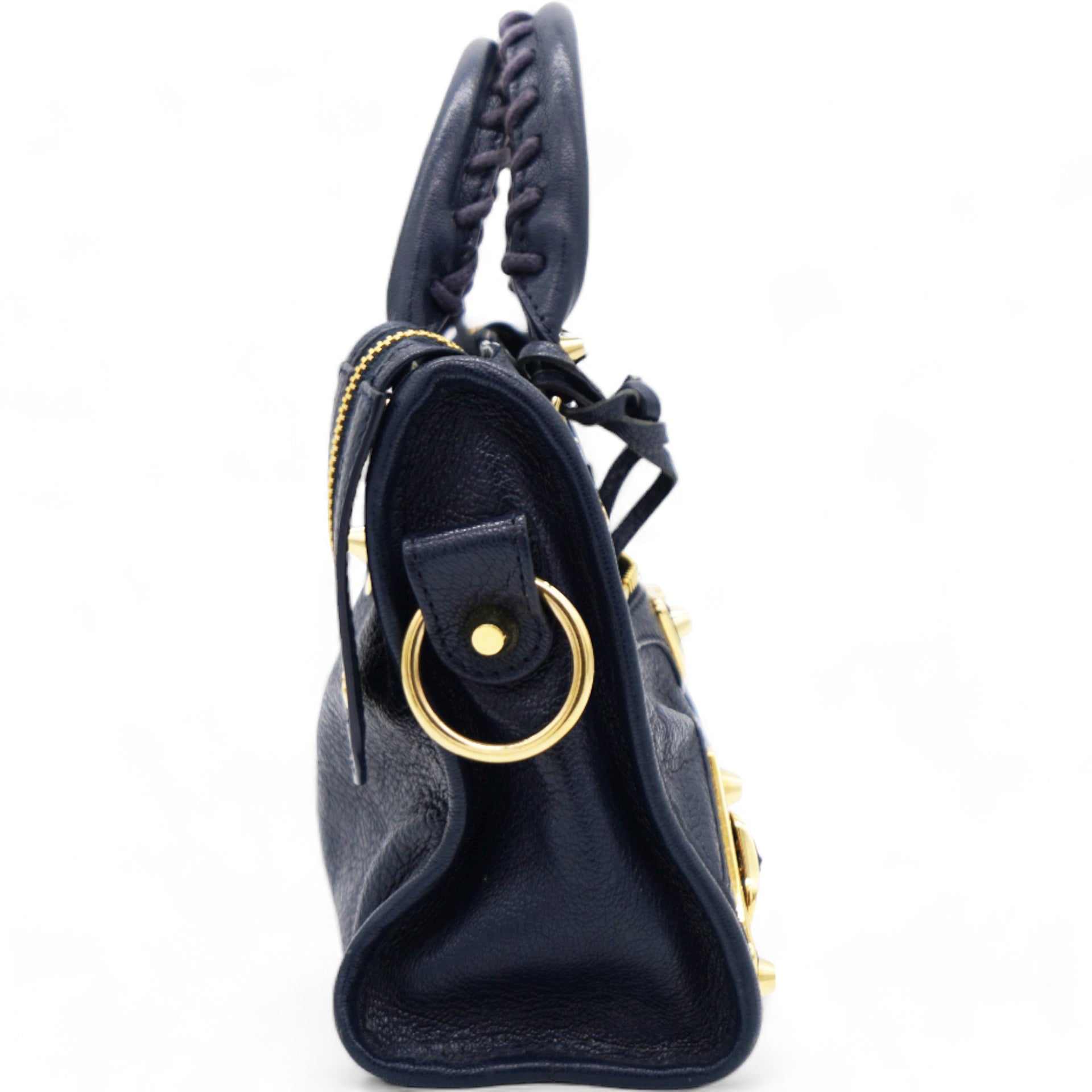 BALENCIAGA Chevre Gold Metallic Edge Hardware Mini City Bleu Nuit Dark Sea STYLISHTOP