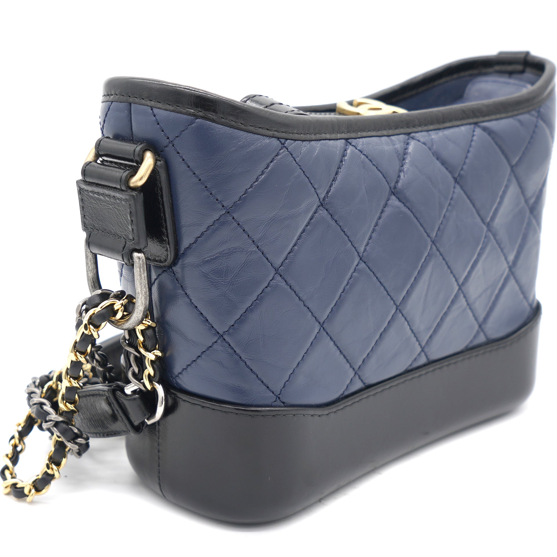 Black and Navy Blue Quilted Tweed Small Gabrielle Hobo Bag