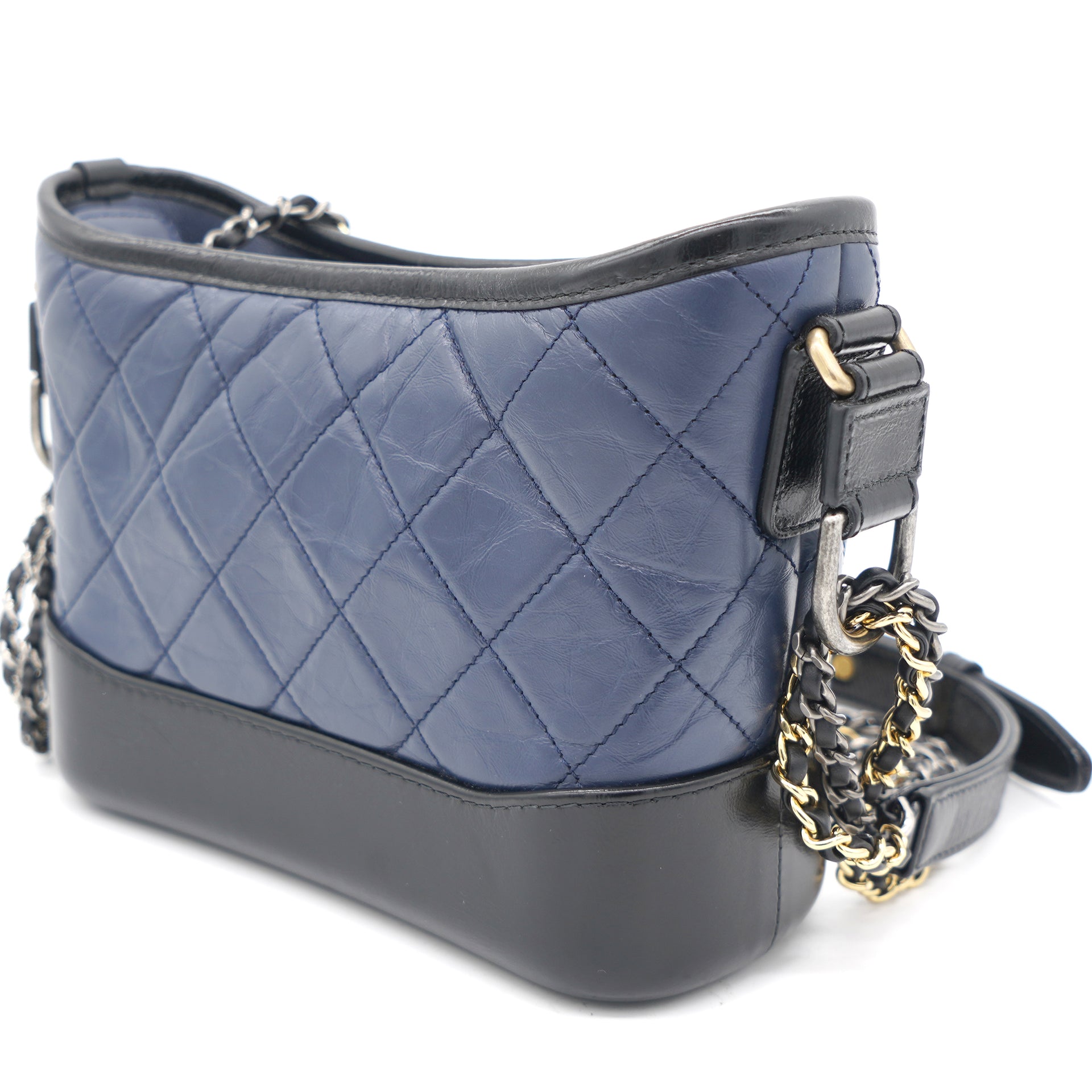 Black and Navy Blue Quilted Tweed Small Gabrielle Hobo Bag
