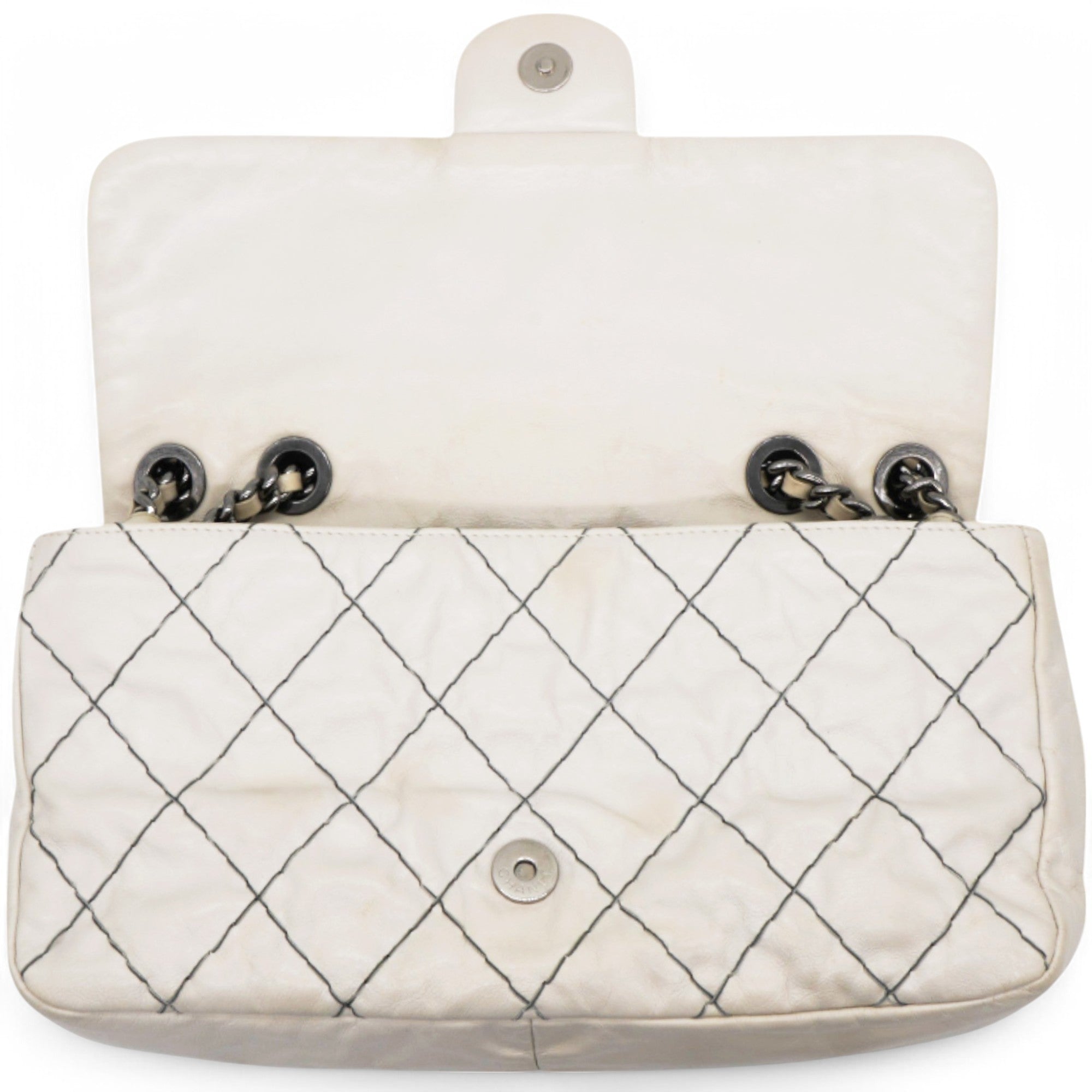 Glazed Goatskin Double Stitch Flap White