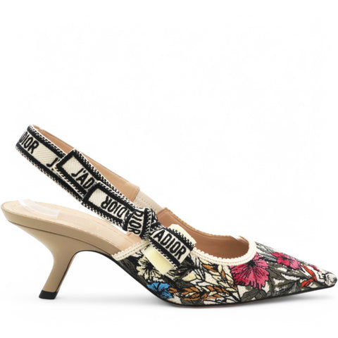 Multicolor Floral Embroidered Canvas J'adior Slingback Pumps Size36.5