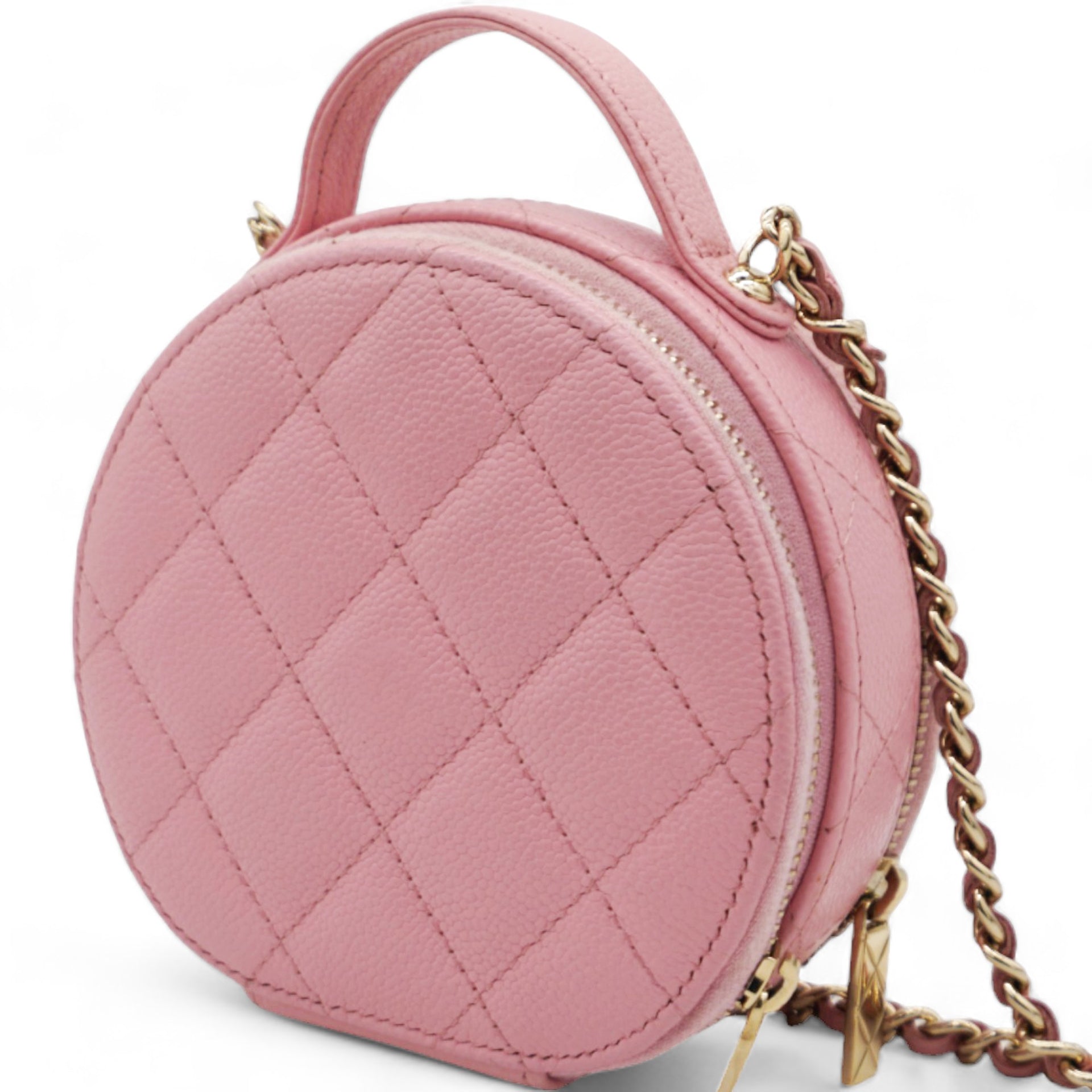 Caviar Quilted Round Handle With Care Vanity With Chain Pink