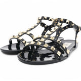 Black Rubber Rockstud Flat Sandals Size35