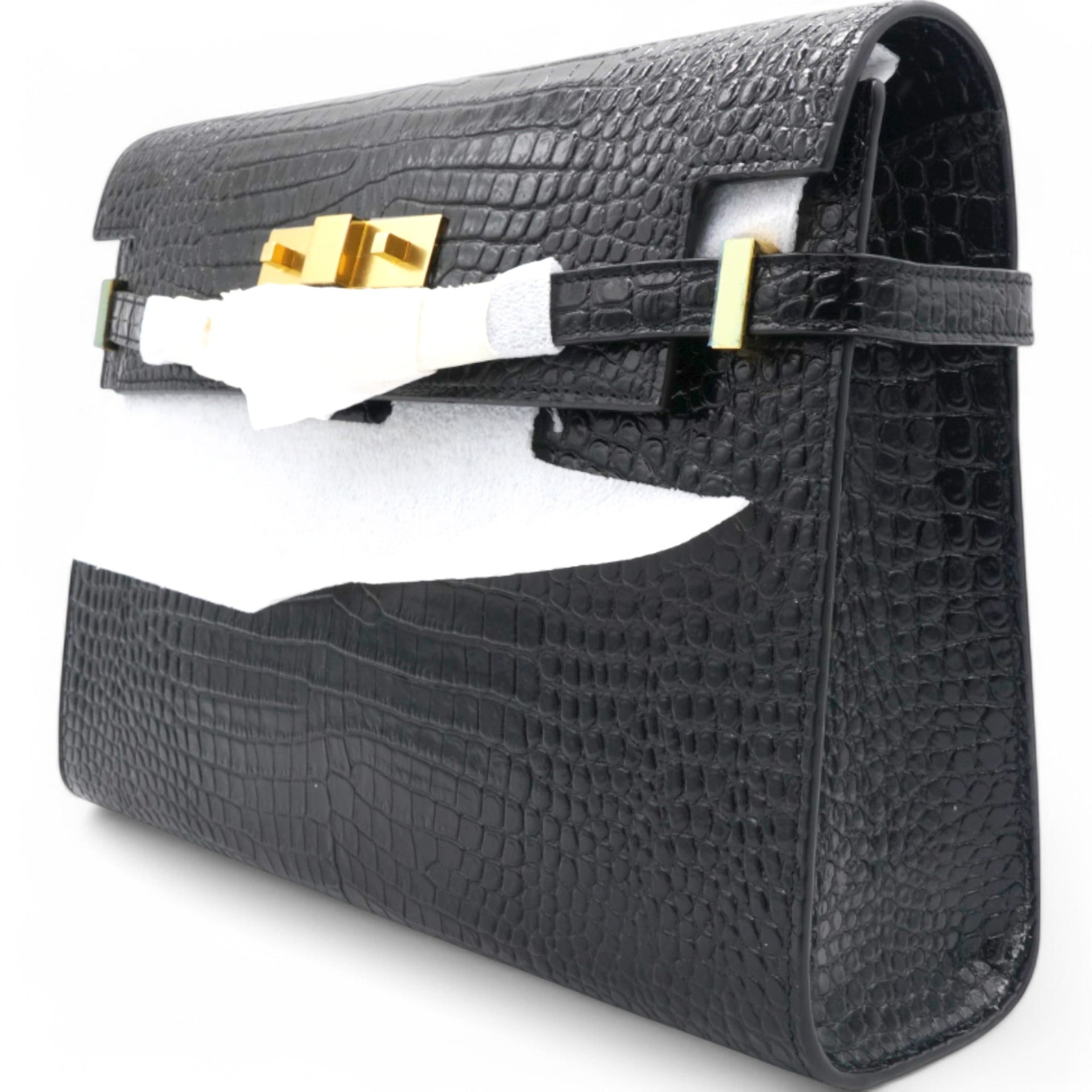 Shiny Crocodile Embossed Manhattan Baguette Black