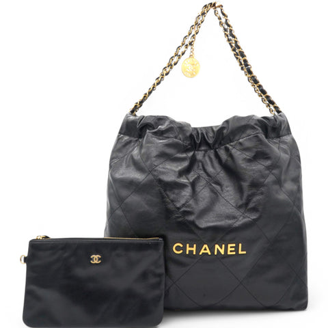 Shiny Quilted Medium Chanel 22 Black