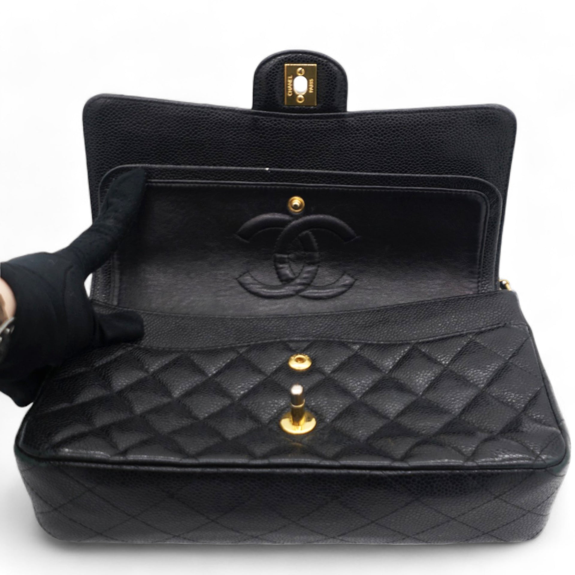 Caviar Quilted  Double Flap Black