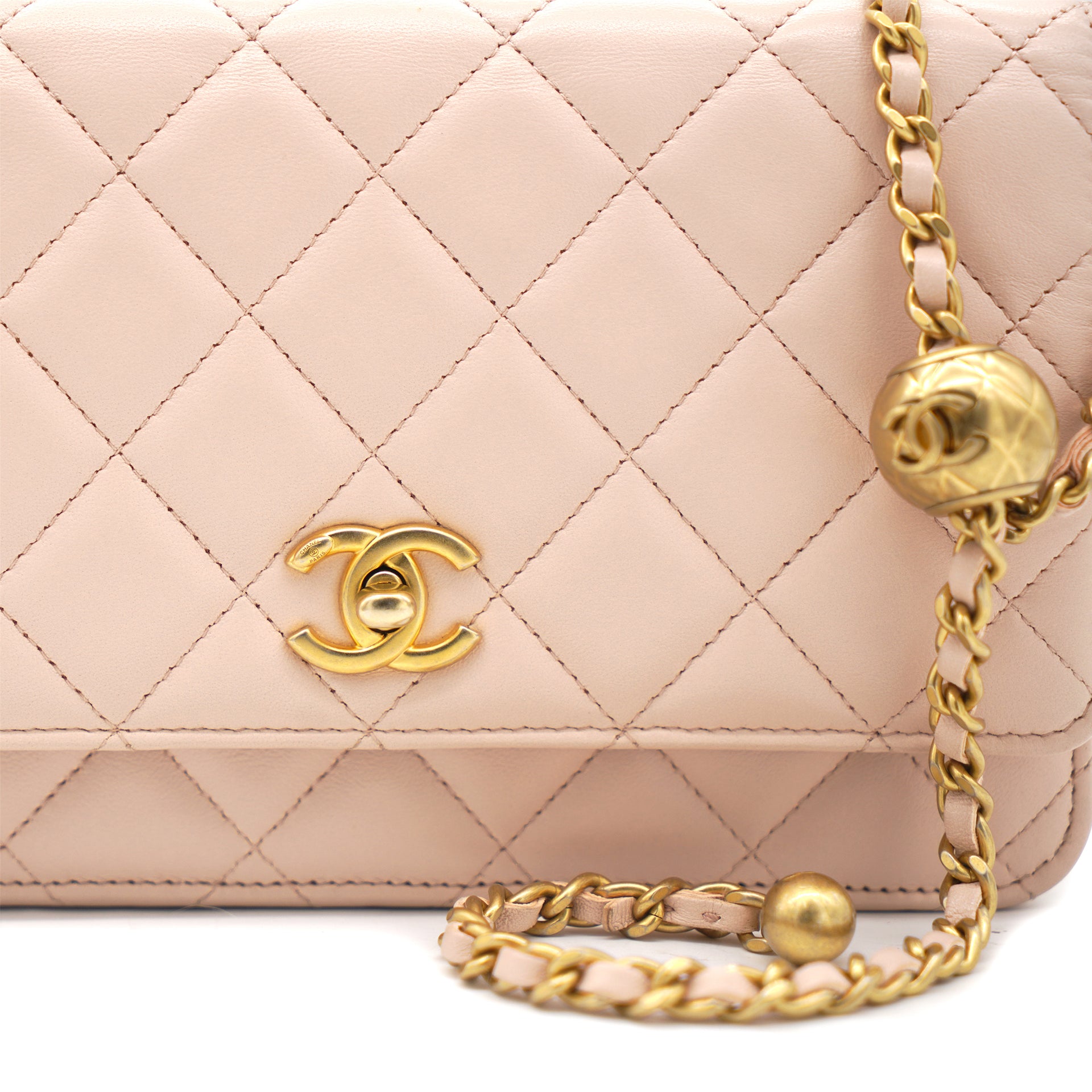 Chanel Quilted Pearl Crush Wallet on Chain WOC Beige Lambskin Aged