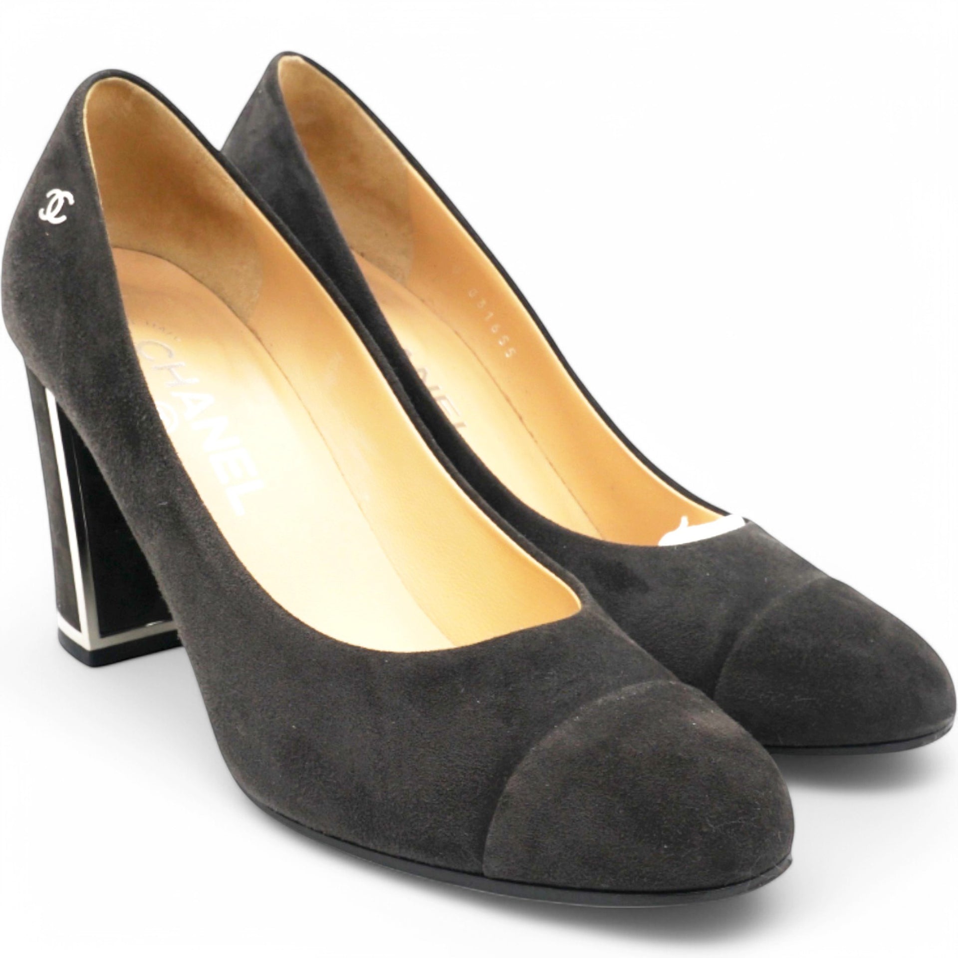 Black Suede CC Block Heel Pumps Size38