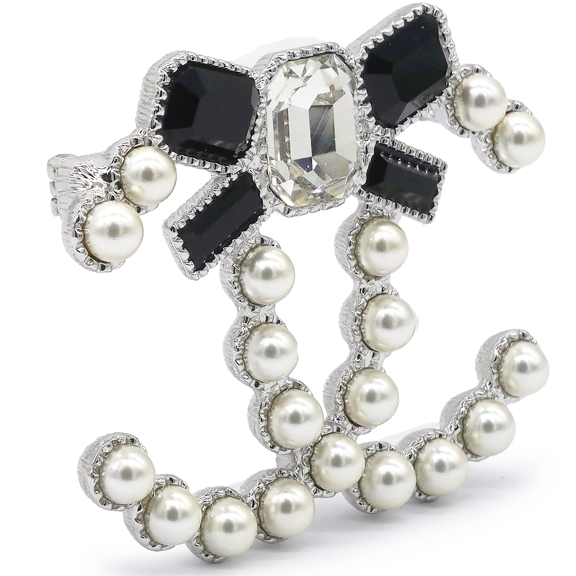 Pearl Crystal Bow CC Brooch Silver White Black