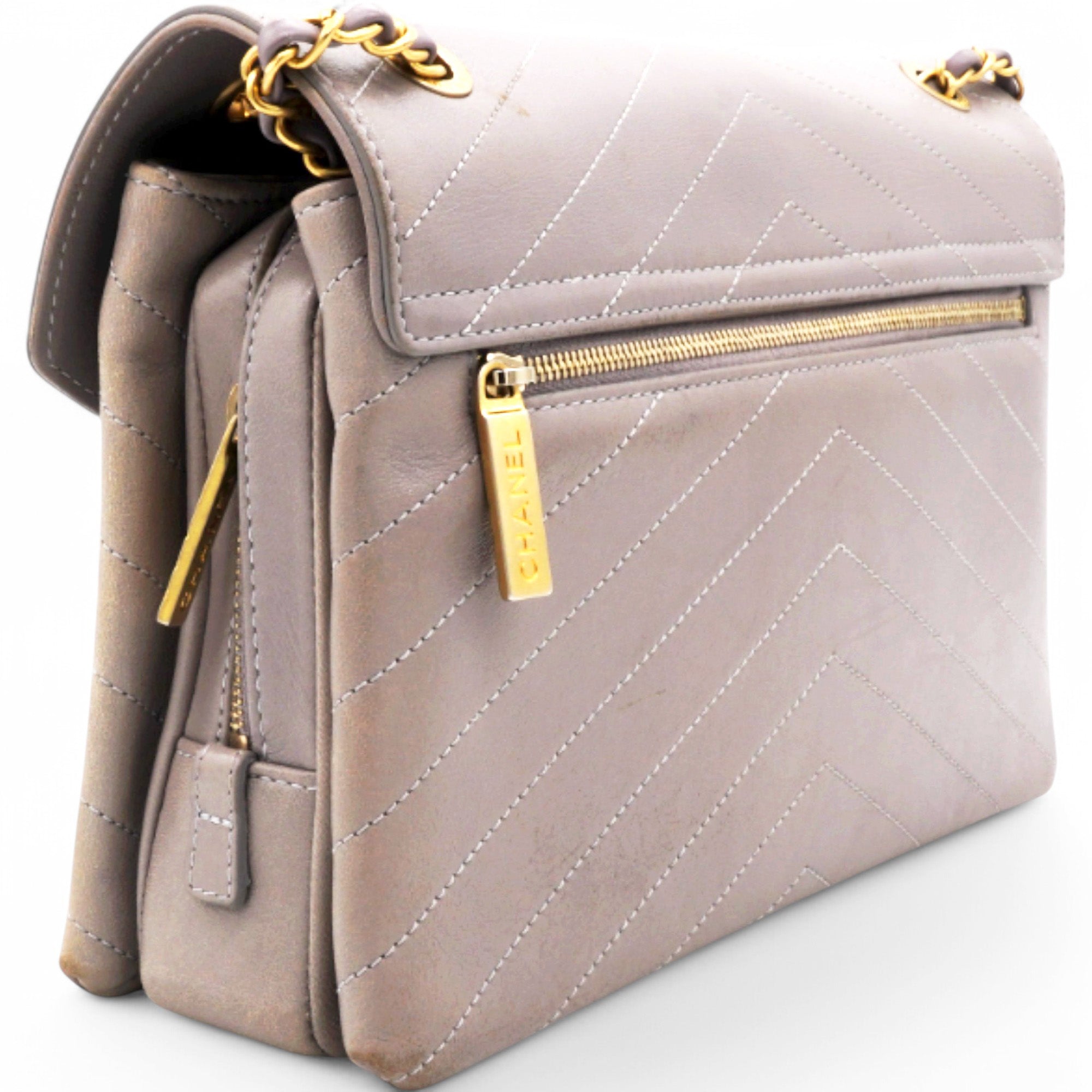 Chevron Quilted Statement Flap Purple Grey