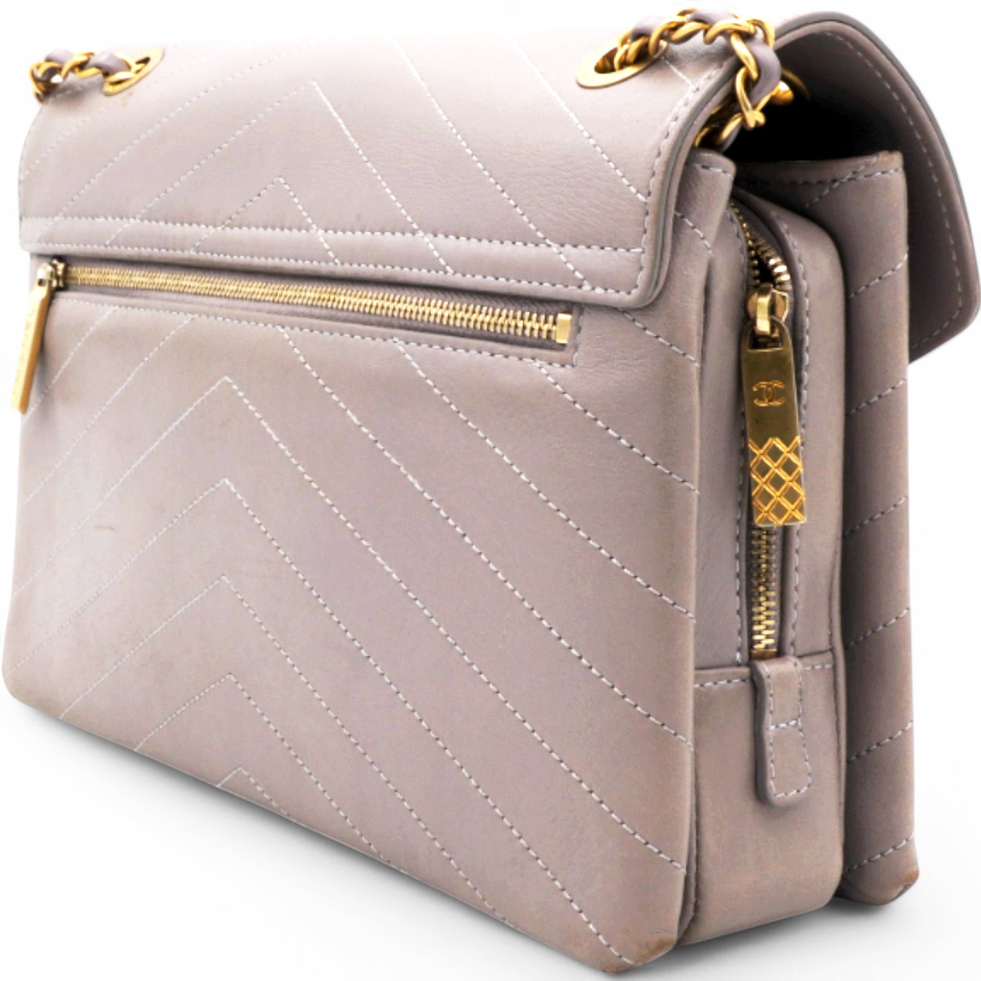 Chevron Quilted Statement Flap Purple Grey