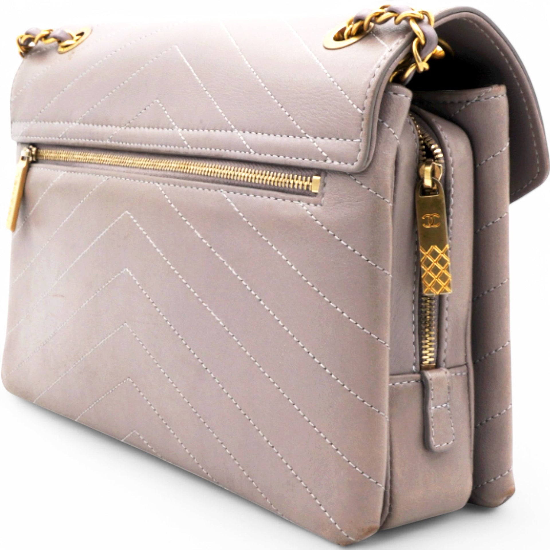 Chevron Quilted Statement Flap Purple Grey