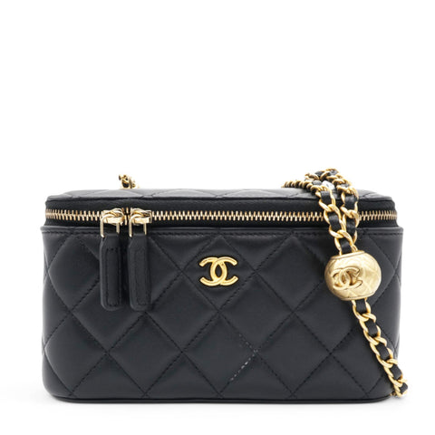 Lambskin Quilted Pearl Crush Small Vanity Case With Chain Black
