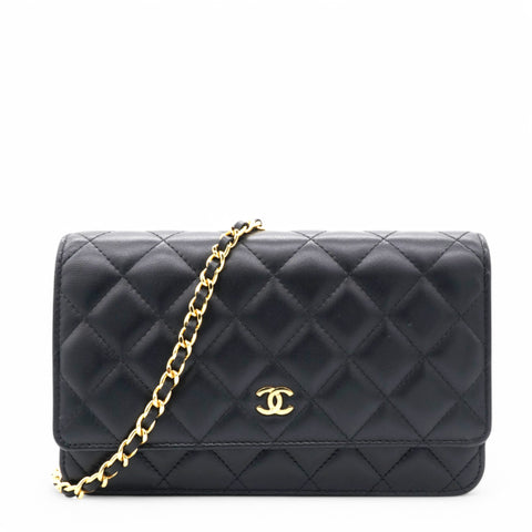 Lambskin Quilted Wallet On Chain WOC Black Microchip