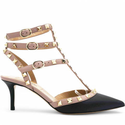 Nappa Rockstud Ankle Strap 65mm Pumps Black Poudre Size35.5